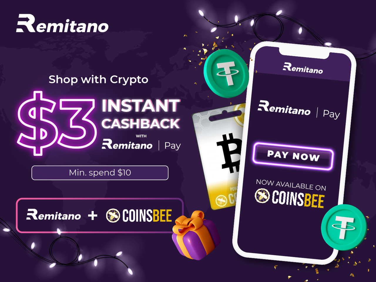 SAVE $3 on your CoinsBee purchase by using Remitano Pay